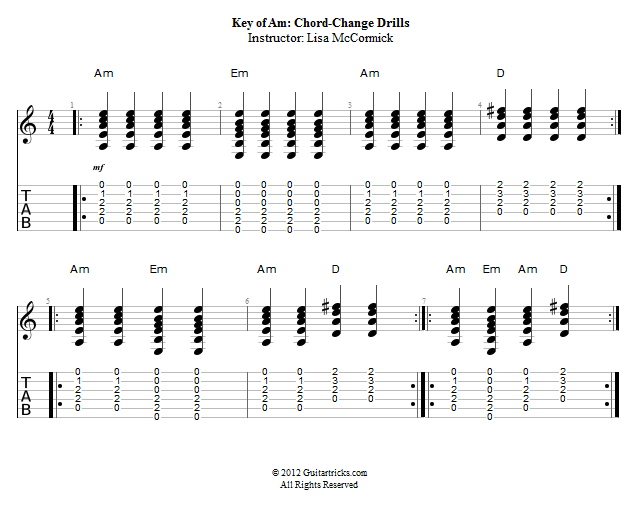 Guitar Lessons Key of Am ChordChange Drills