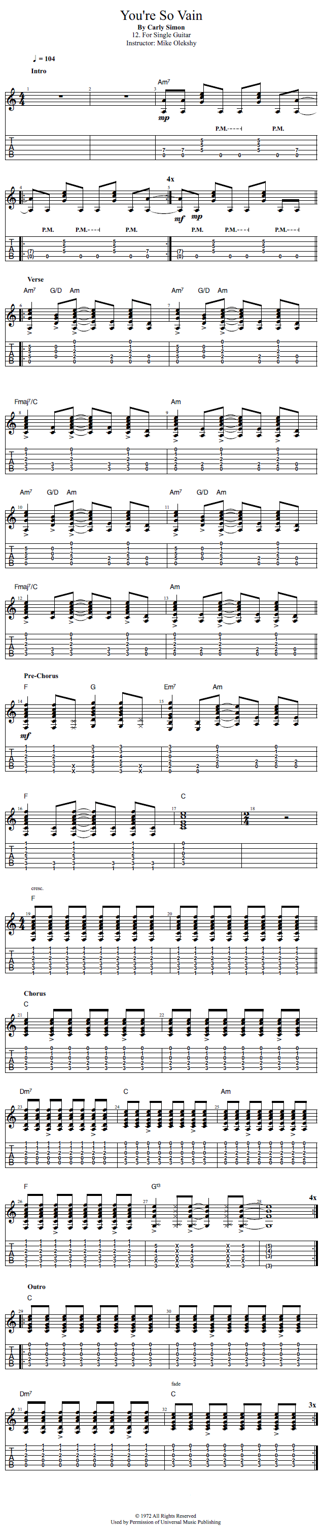 Guitar Lessons You're So Vain For Single Guitar